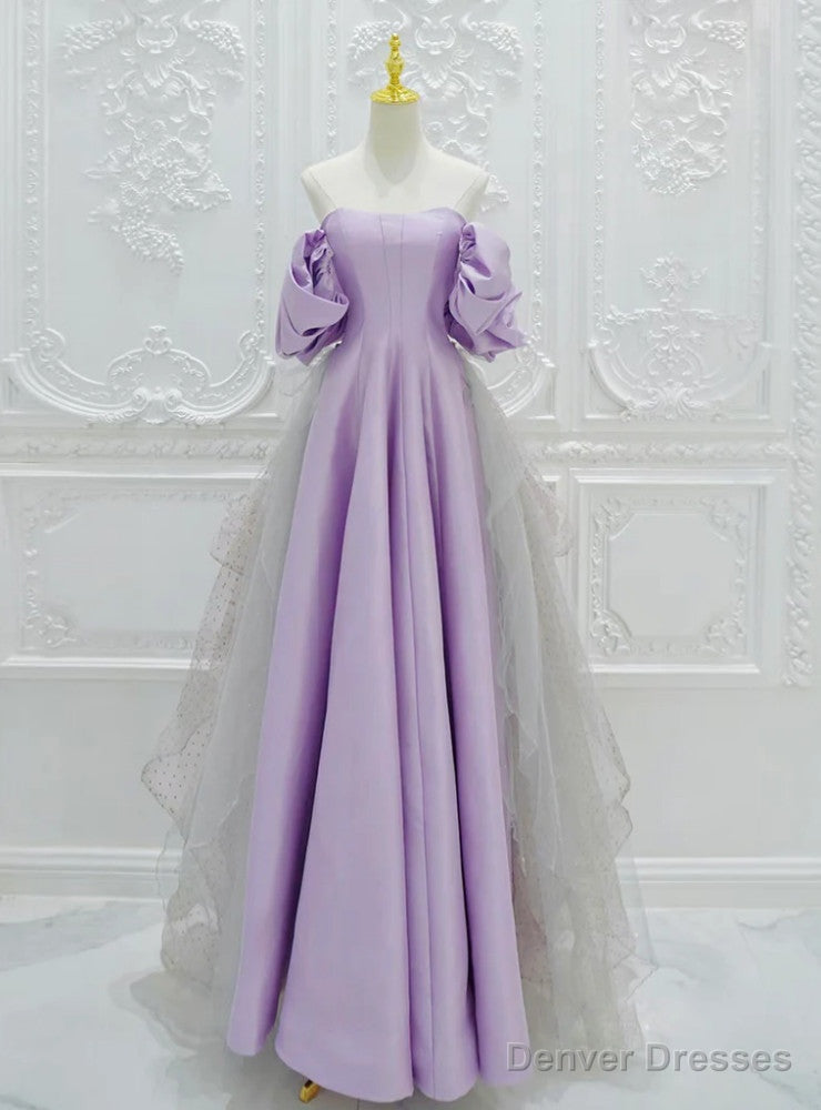 Purple Satin Tulle Off the Shoulder Prom Dress Main image