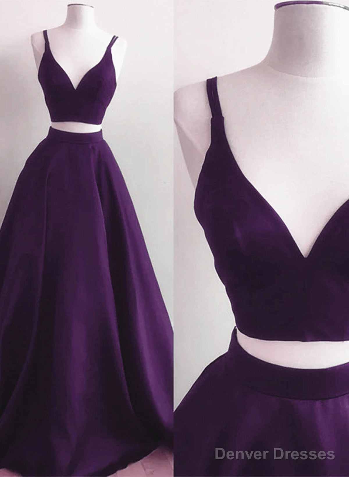 Purple Satin Two Piece Long Party Dress, A-line Purple Evening Dress Prom Dress Main image