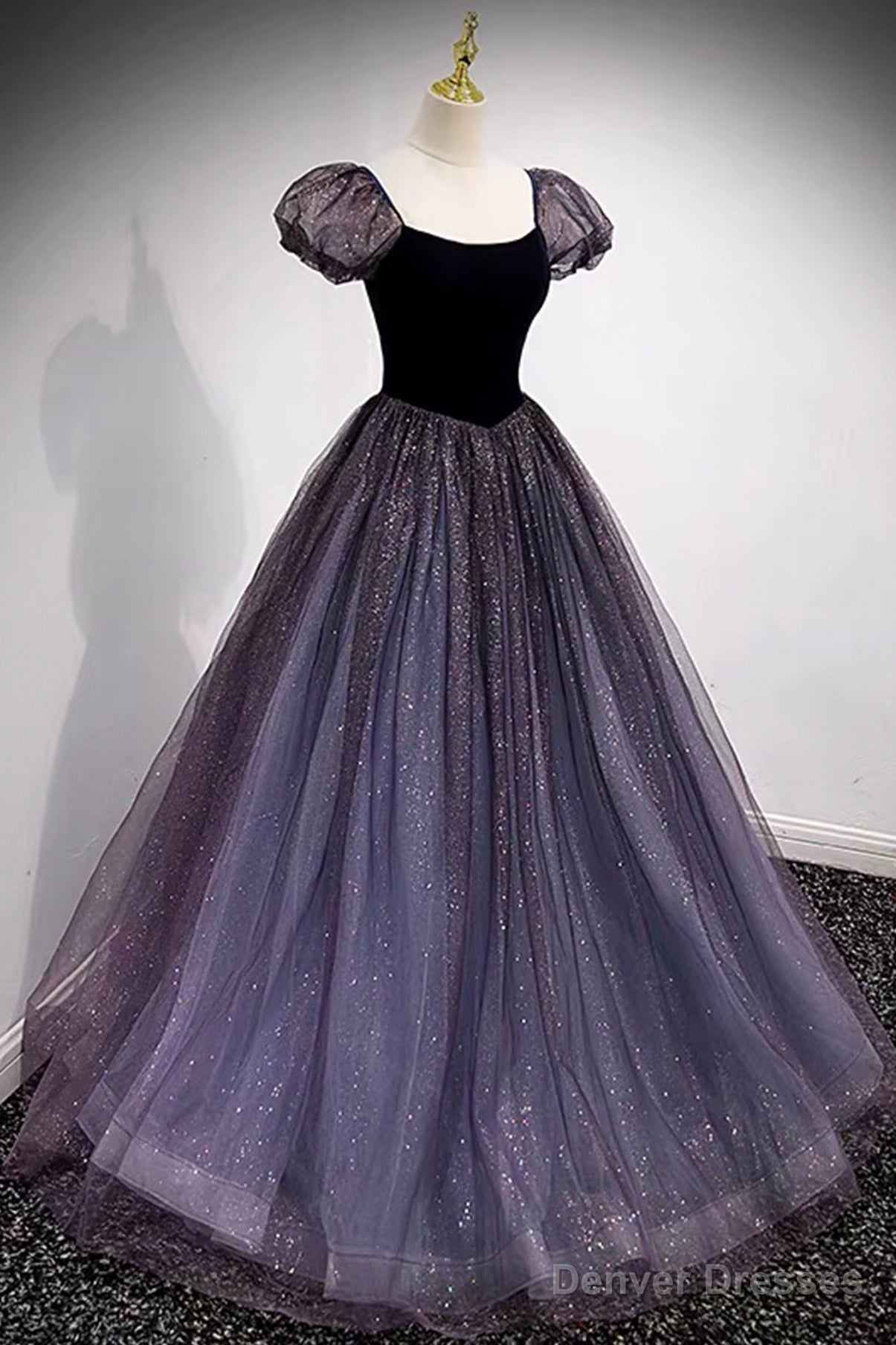 Purple Scoop Tulle Long A-Line Prom Dress, Lovely Short Sleeve Evening Dress Main image