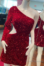 Purple Sequin One-Sleeve Cutout Short Homecoming Dress