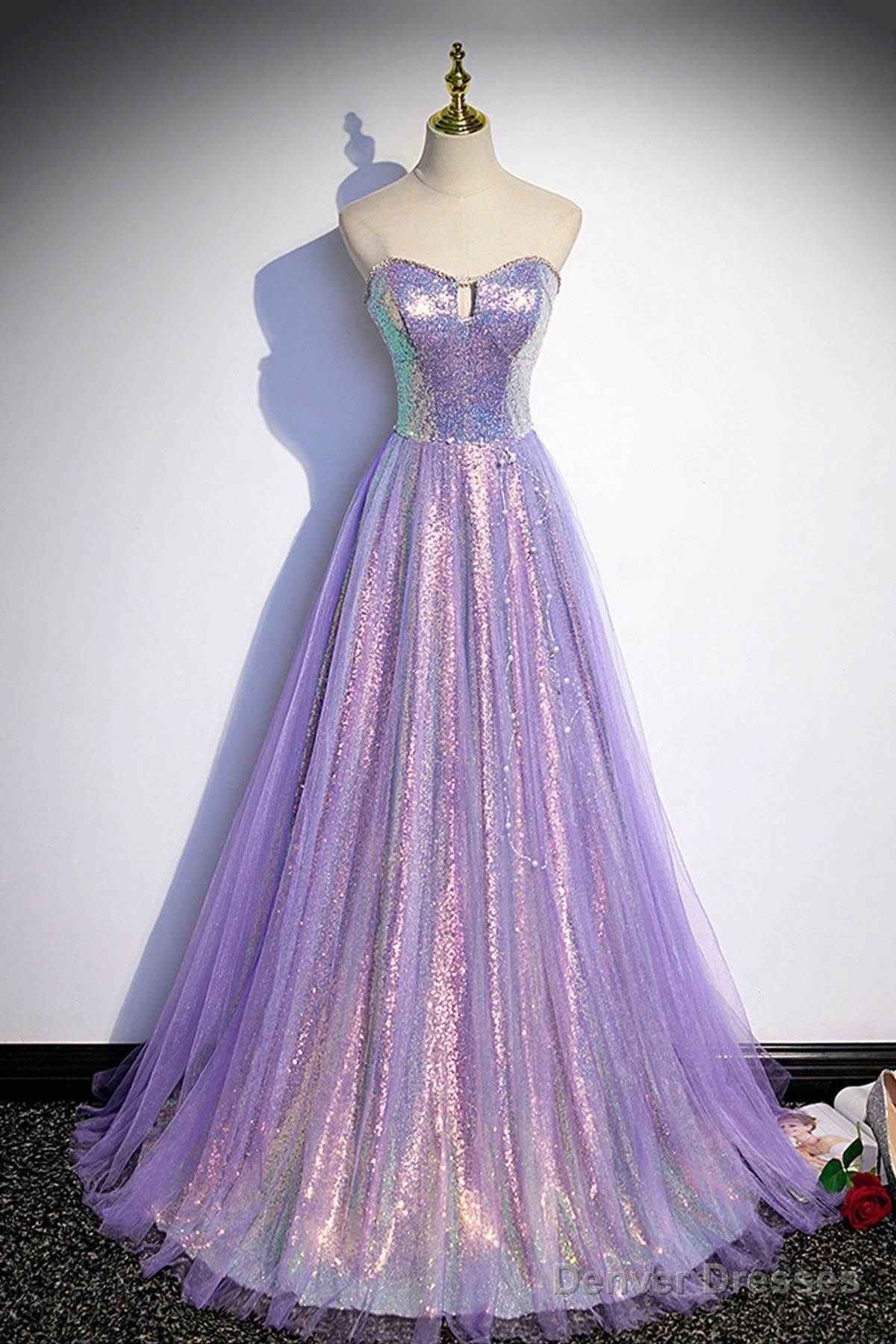 Purple Sequins Long A-Line Prom Dress, Purple Strapless Evening Graduation Dress Main image