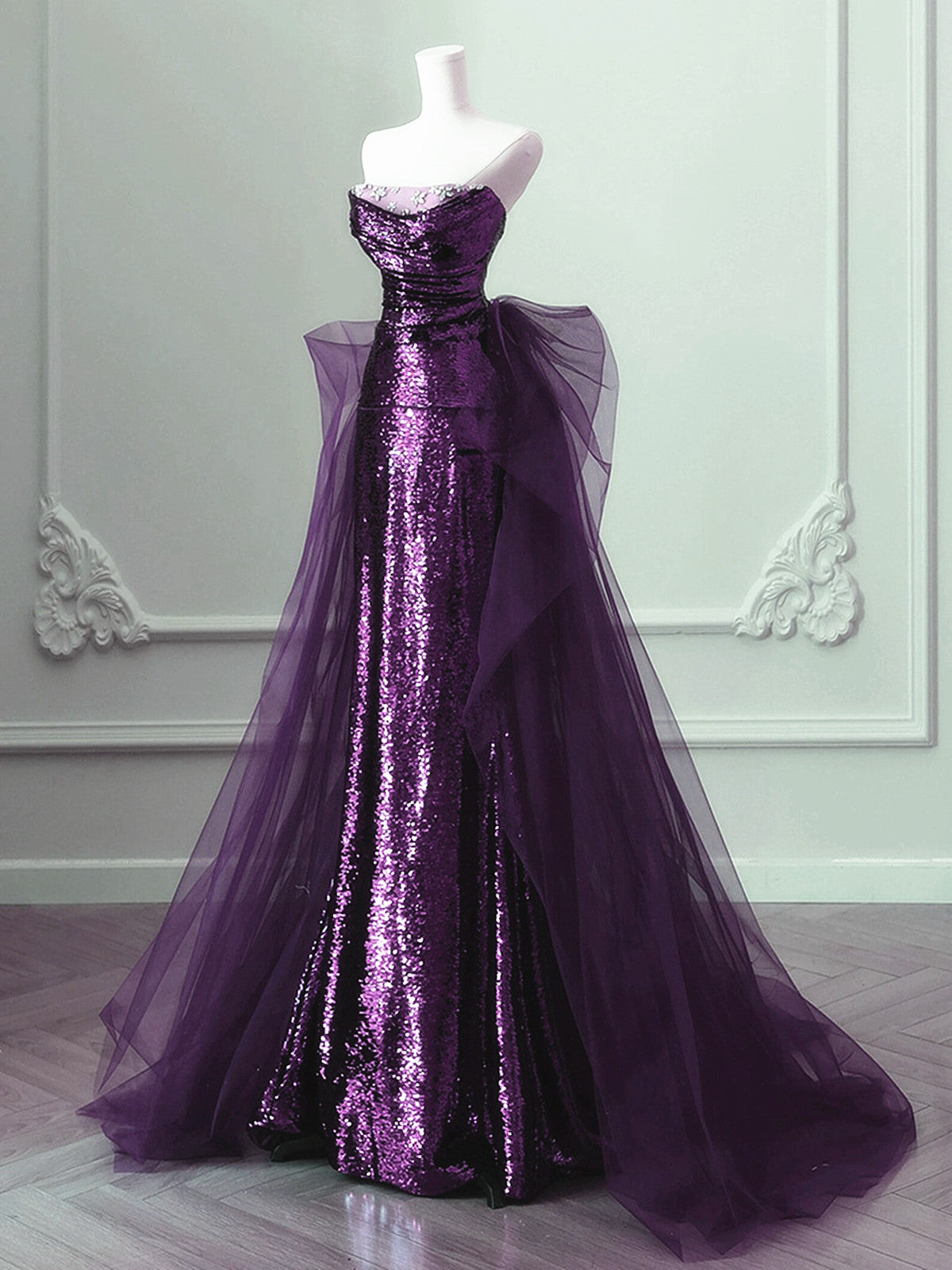 Purple Sequins Long Party Dress, A-Line Purple Sequins Prom Dress With Tulle Secondary image