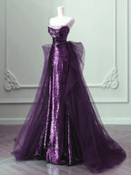 Purple Sequins Long Party Dress, A-Line Purple Sequins Prom Dress With Tulle
