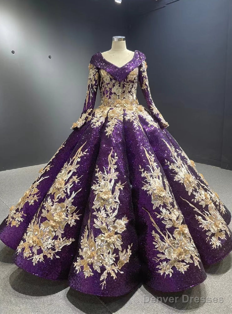 Purple Sequins Long Sleeve Appliques Prom Dress Main image