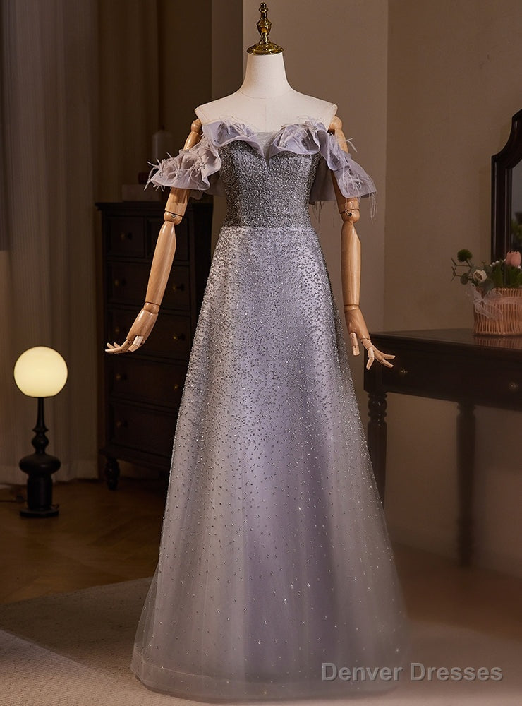 Purple Sequins Off the Shoulder Feather Prom Dress Main image