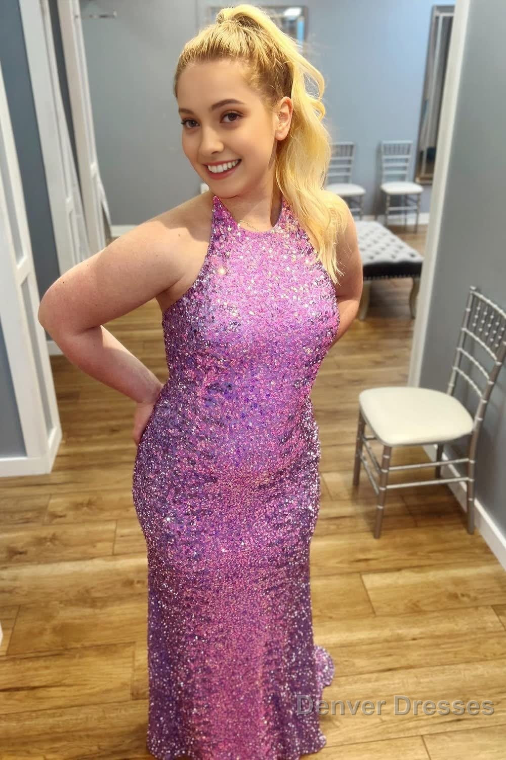 Purple Sheath Lace-Up Back Sequins Prom Dress Main image