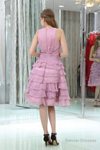 Purple Short Chiffon With Modest Beaded Neck Homecoming Dresses