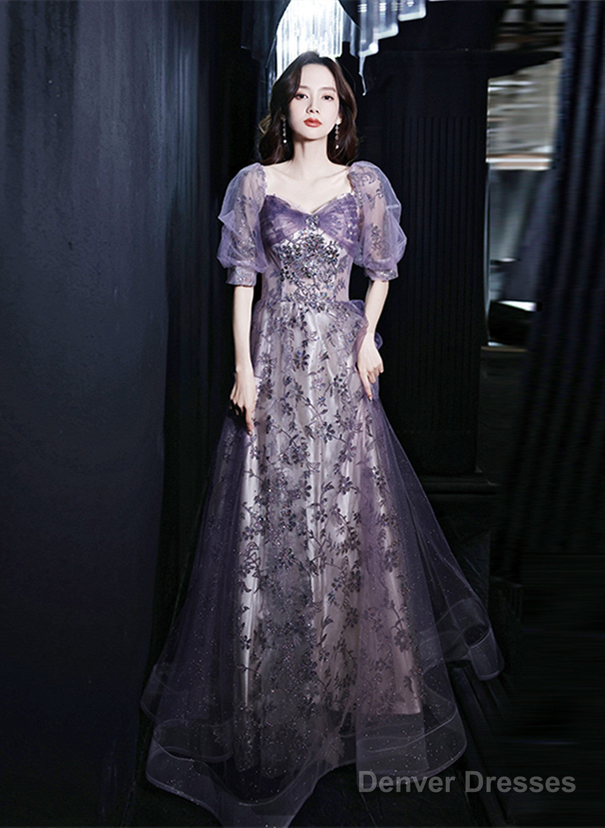 Purple Short Sleeves Tulle Sweetheart Party Dress, A-Line Purple Tulle Prom Dress