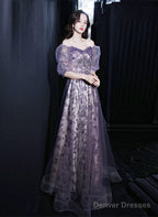 Purple Short Sleeves Tulle Sweetheart Party Dress, A-Line Purple Tulle Prom Dress