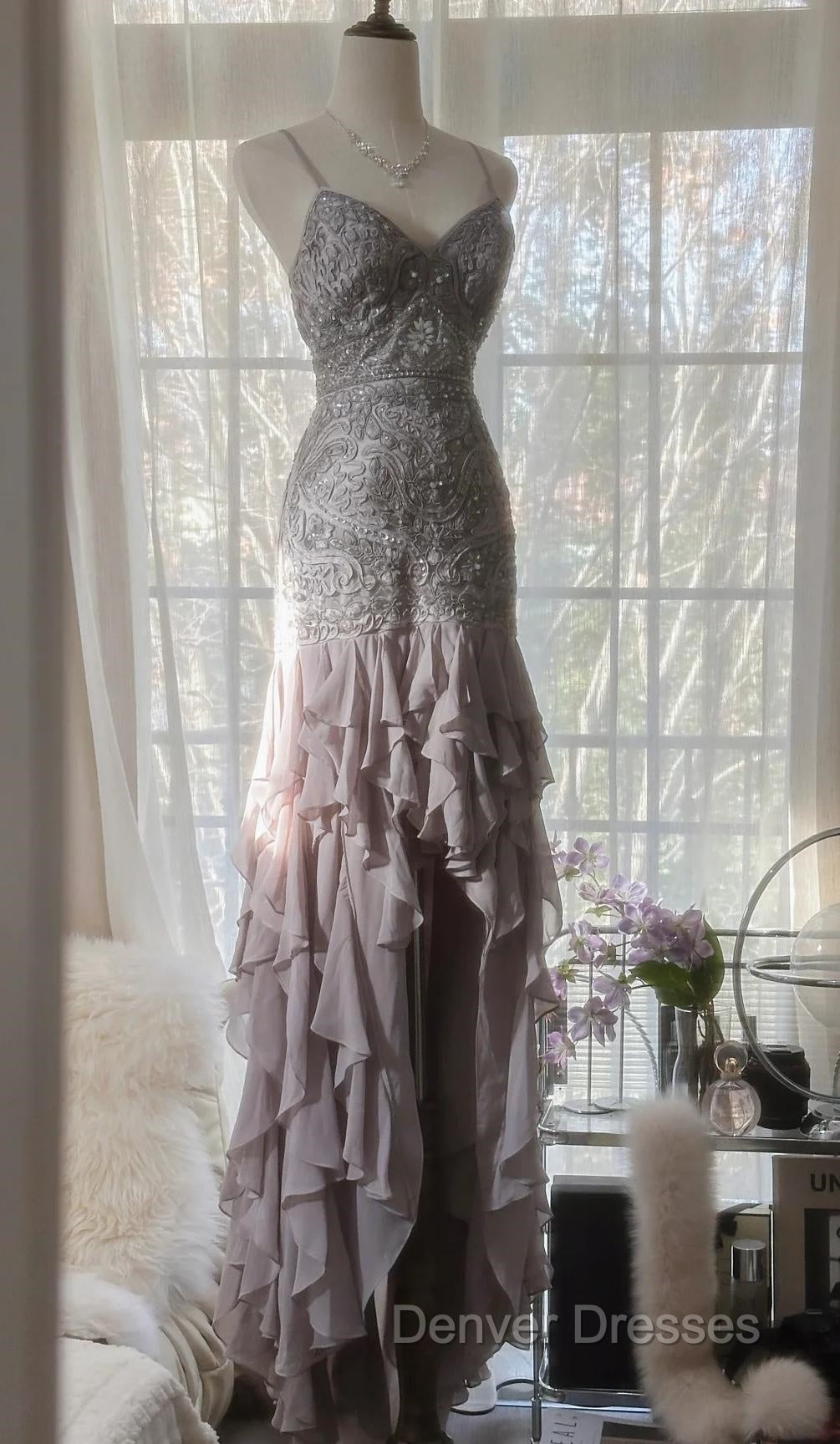 Purple Spaghetti Strap Bodycon Open Back Chiffon Sequin Long Prom Dress Adult Ceremony Dress With Appliques