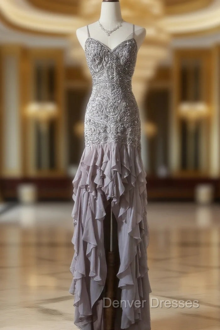Purple Spaghetti Strap Bodycon Open Back Chiffon Sequin Long Prom Dress Adult Ceremony Dress With Appliques Main image