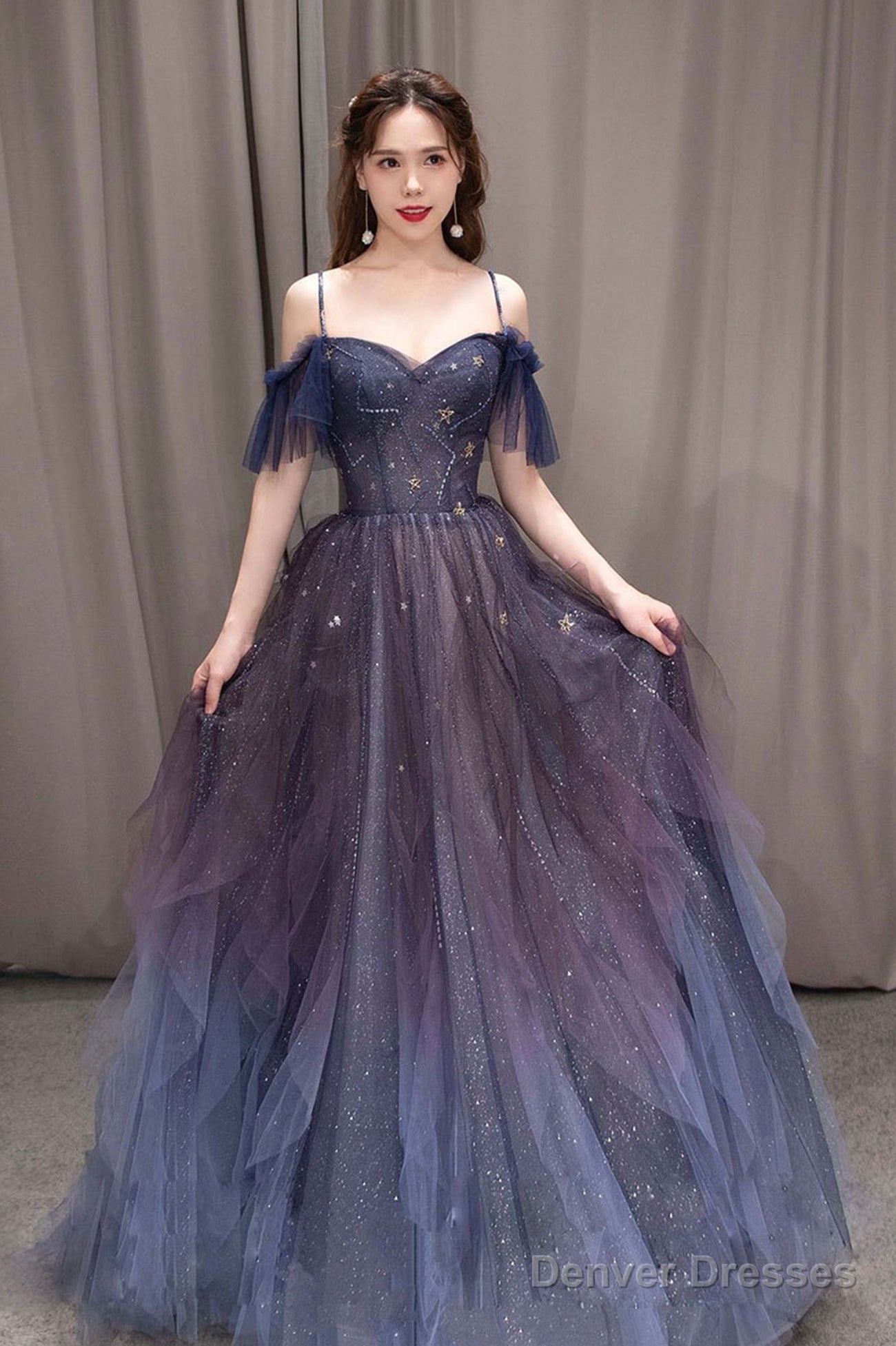 Purple Spaghetti Strap Gradient Tulle Long Prom Dress, A-Line Evening Party Dress Main image