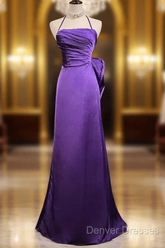 Purple Spaghetti Strap Satin Prom Dress Backless Evening Gown Main image