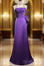 Purple Spaghetti Strap Satin Prom Dress Backless Evening Gown
