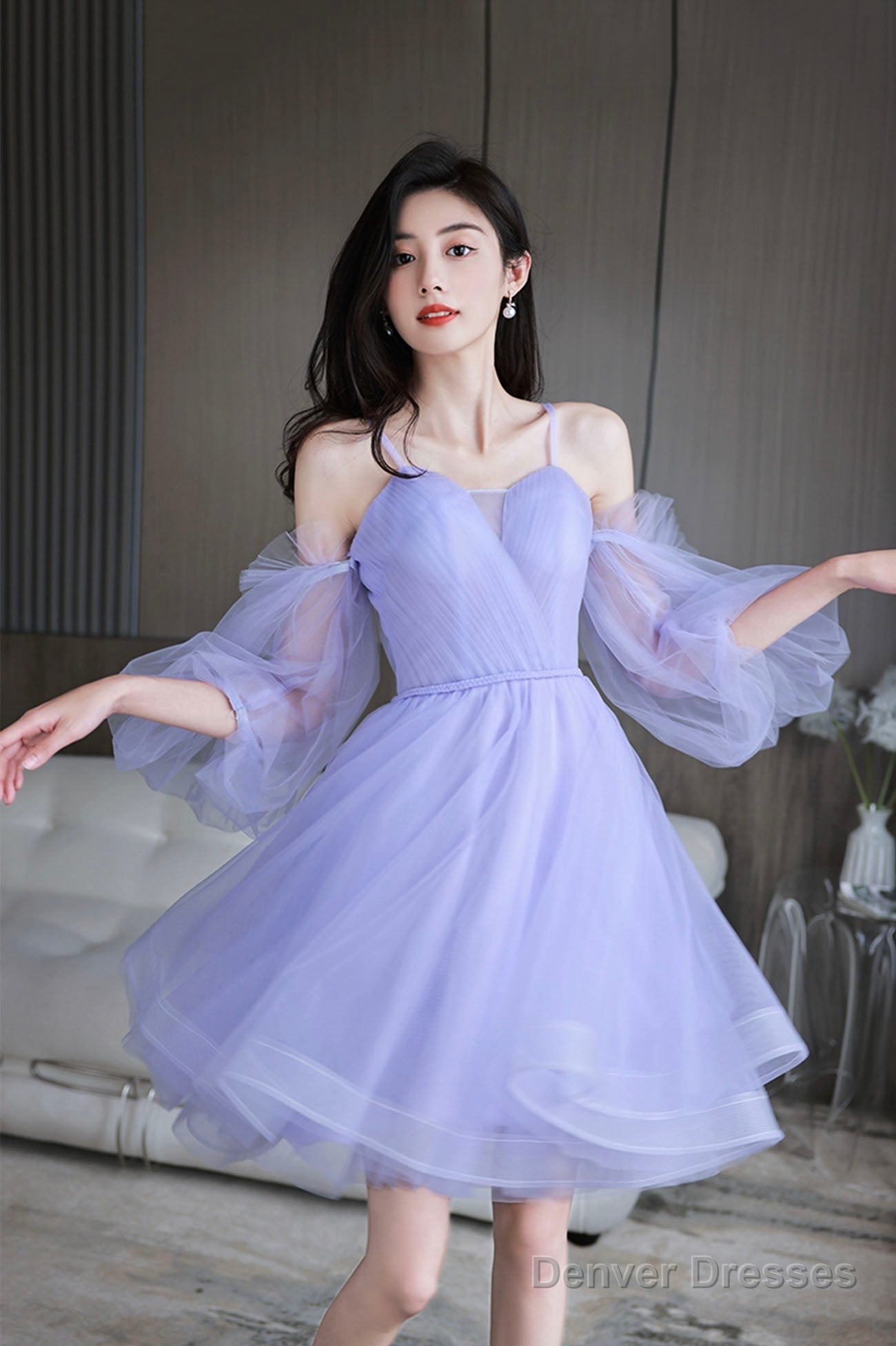 Purple Spaghetti Strap Tulle Short Prom Dress, Cute Homecoming Party Dress Main image