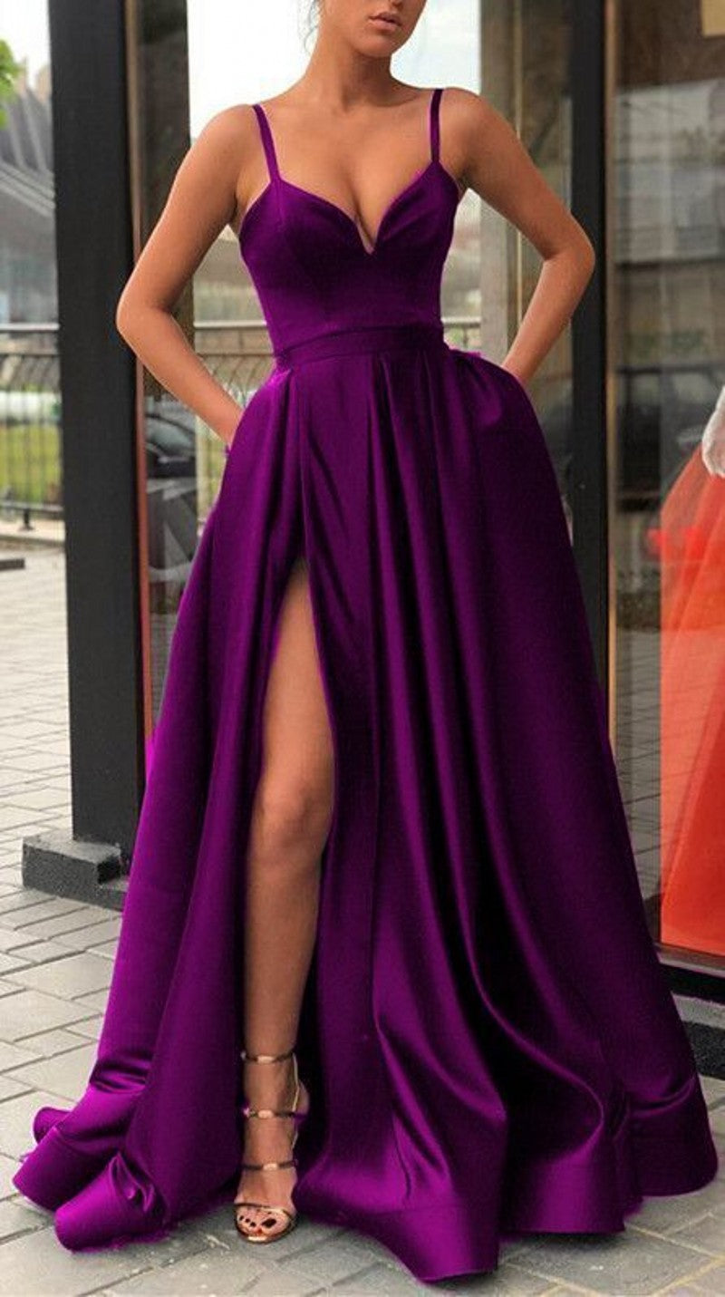Neck Long Prom Dress Purple Evening Dress Satin Party Dress Secondary image
