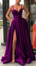 Neck Long Prom Dress Purple Evening Dress Satin Party Dress