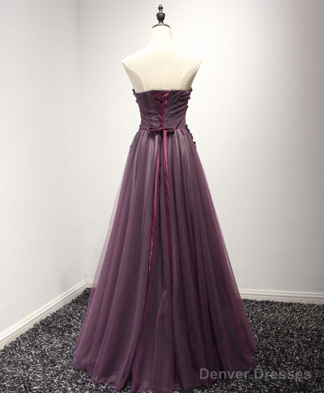 Purple Sweetheart Neck Lace Long Prom Dress, Formal Dress