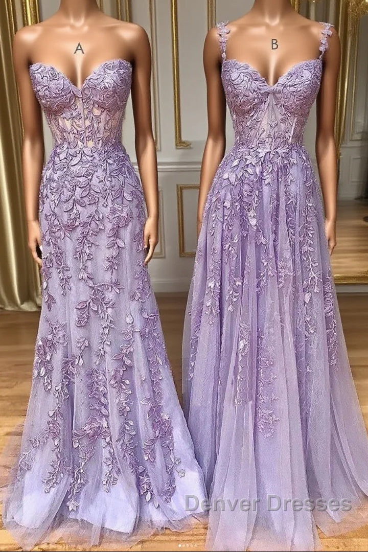 Purple sweetheart neck lace long prom Dress, lace formal graduation Dress Main image