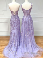 Purple sweetheart neck lace long prom Dress, lace formal graduation Dress