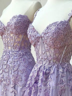 Purple sweetheart neck lace long prom Dress, lace formal graduation Dress