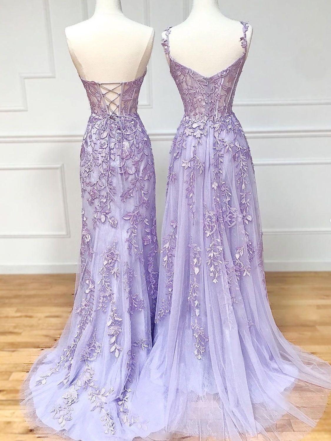 Purple Sweetheart Neck Lace Long Prom Dress, Purple Lace Graduation Dress