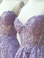 Purple Sweetheart Neck Lace Long Prom Dress, Purple Lace Graduation Dress