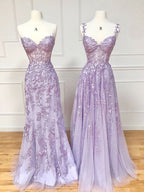 Purple Sweetheart Neck Lace Long Prom Dress, Purple Lace Graduation Dress
