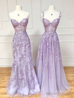 Purple Sweetheart Neck Lace Long Prom Dresses, Purple Lace Graduation Dress