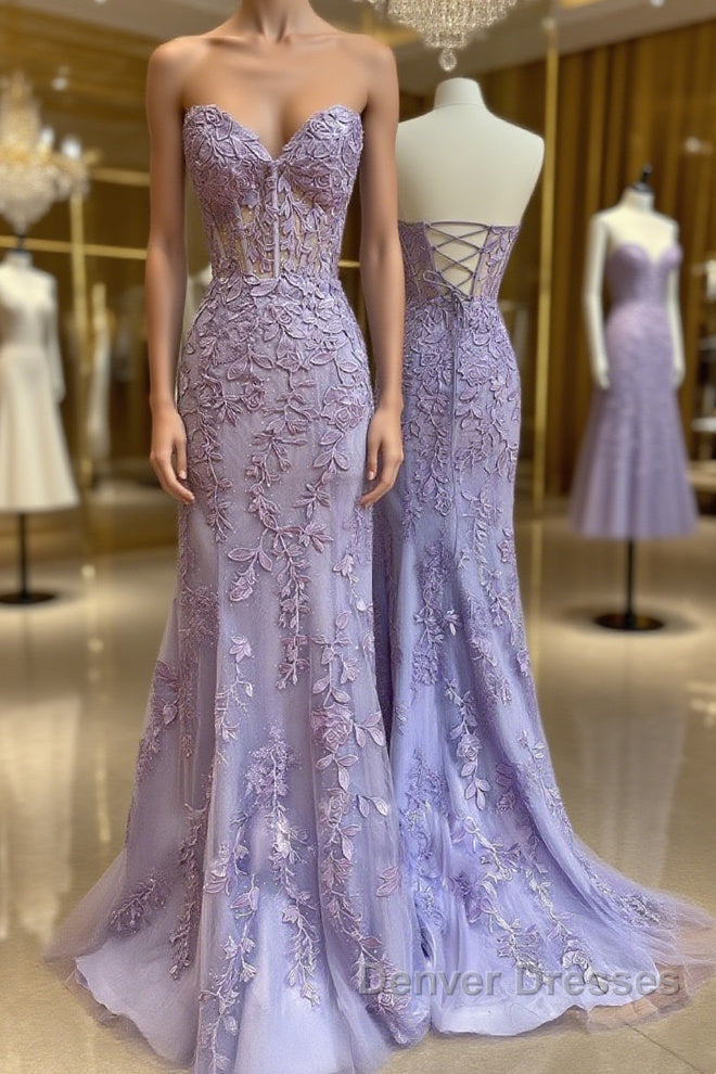 Purple sweetheart neck tulle lace mermaid long prom Dress