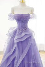 Purple Sweetheart Off Shoulder Tulle Long Party Dress, Purple Tulle Prom Dress