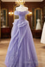 Purple Sweetheart Off Shoulder Tulle Long Party Dress, Purple Tulle Prom Dress