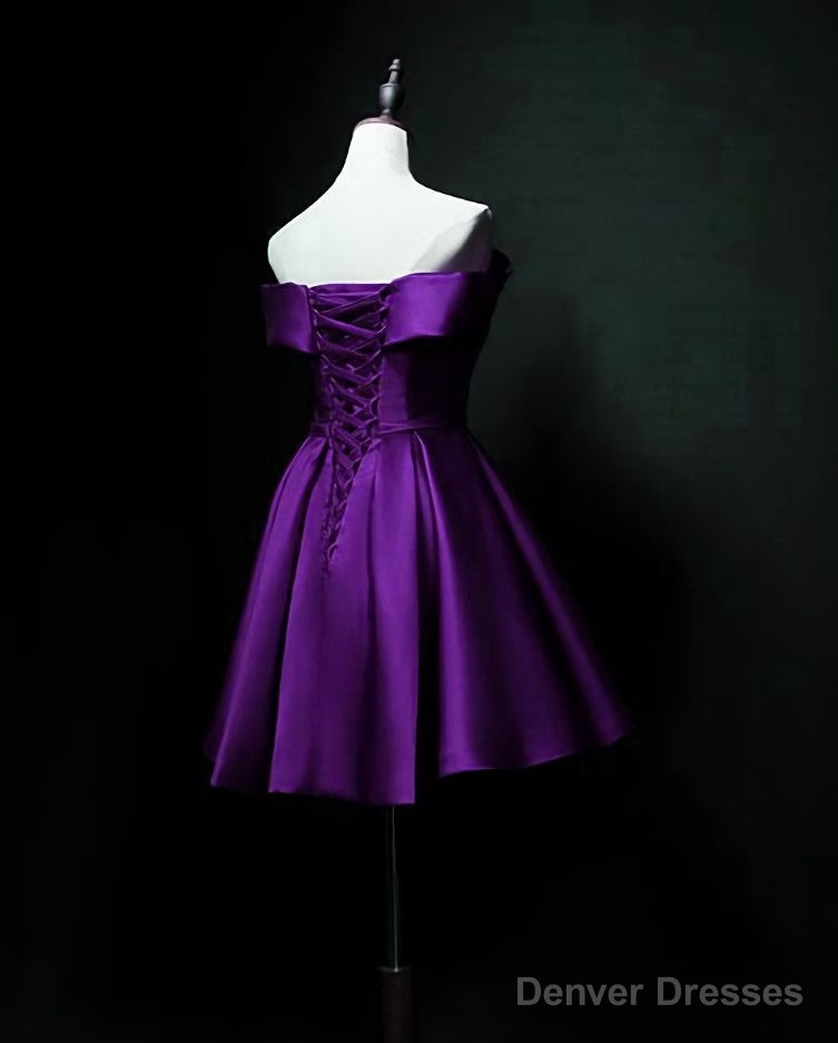 Purple Sweetheart Satin Off Shoulder Homecoming Dresses, Purple Short Prom Dresses Secondary image