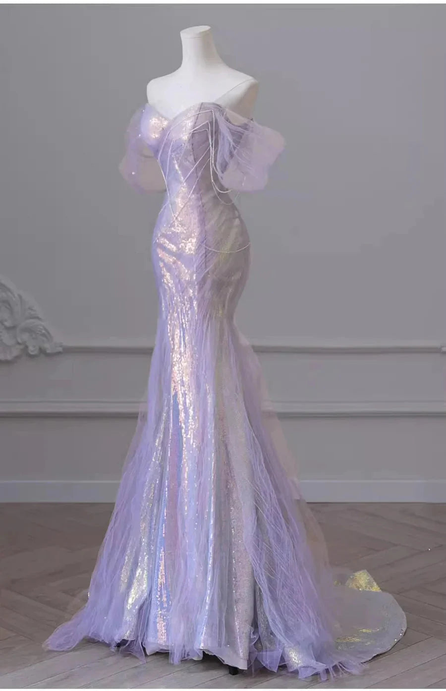 Purple’Ã?Sweetheart Sequin Mermaid Gown-Fairytale Beaded Tulle Train Long Prom Dress For Events