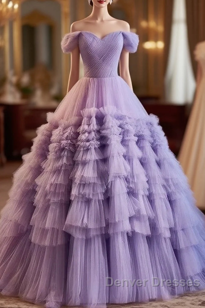 Purple Sweetheart Tulle Layers Sweet 16 Dress Long Prom Dress A Line Off Shoulder Solid Color Main image
