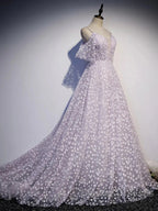 Purple Tulle A Line Long Prom Dress Formal Dress With Flowers December Wedding Guest Dress