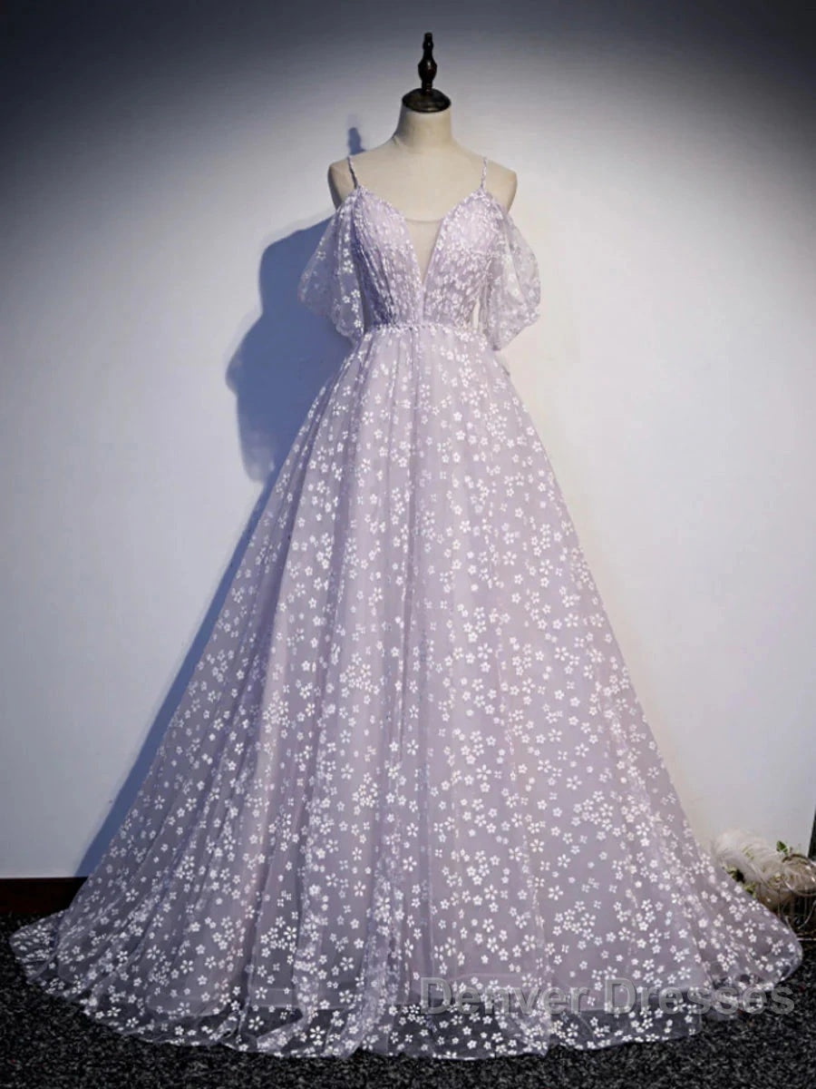 Purple Tulle A Line Long Prom Dress Formal Dress With Flowers December Wedding Guest Dress