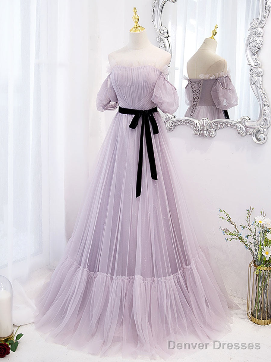 Purple tulle A line long prom dress, purple bridesmaid dress