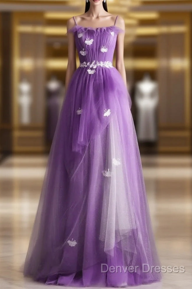 Purple Tulle A-Line Straps Long Formal Dress, Purple Floor Length Prom Dress Main image