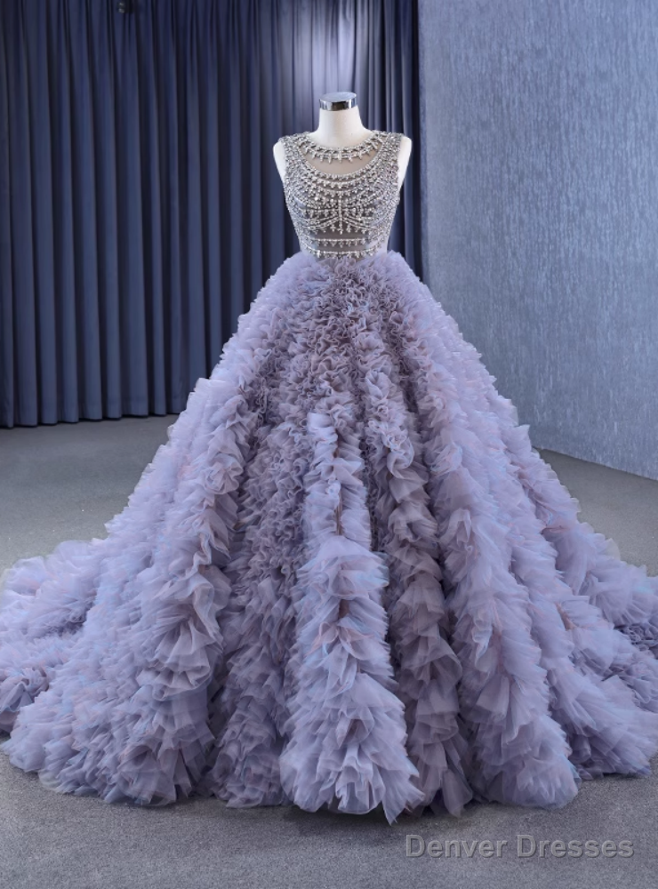 Purple Tulle Ball Gown Crystal Prom Dress