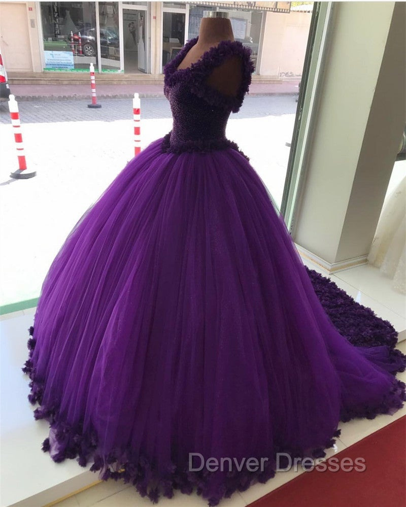 Purple Tulle Ball Gowns Flower Wedding Dress Crystal Beaded Bodice Secondary image