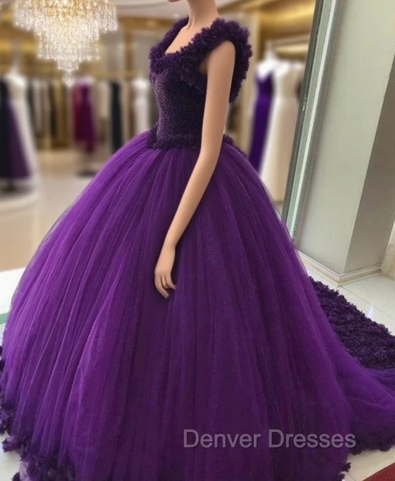 Purple Tulle Ball Gowns Flower Wedding Dress Crystal Beaded Bodice Main image