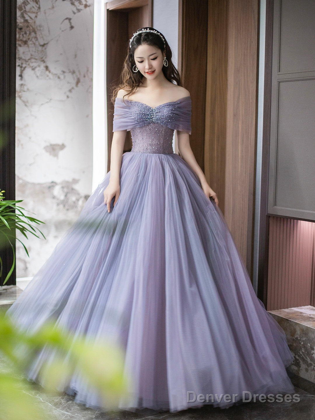 Purple Tulle Beaded Floor Length Prom Dress, Off Shoulder A-Line Evening Dress