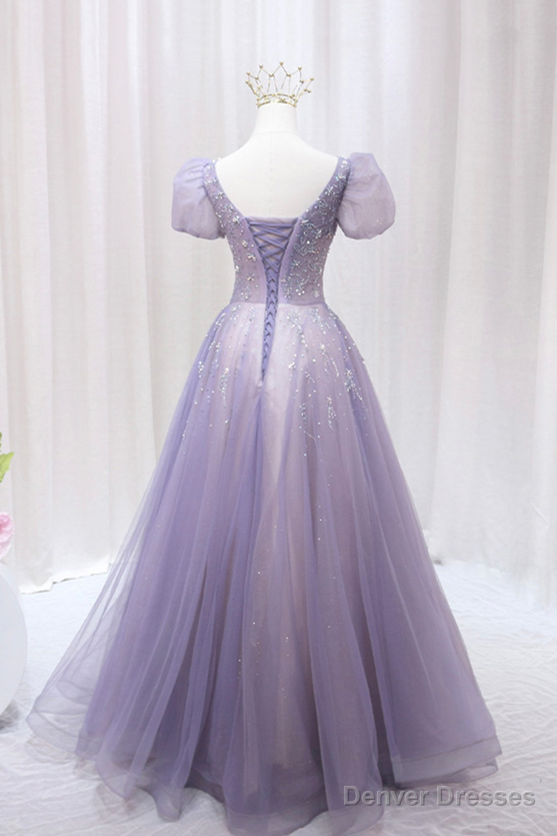 Purple Tulle Beaded Long Formal Dress, Cute A-Line Evening Dress Secondary image