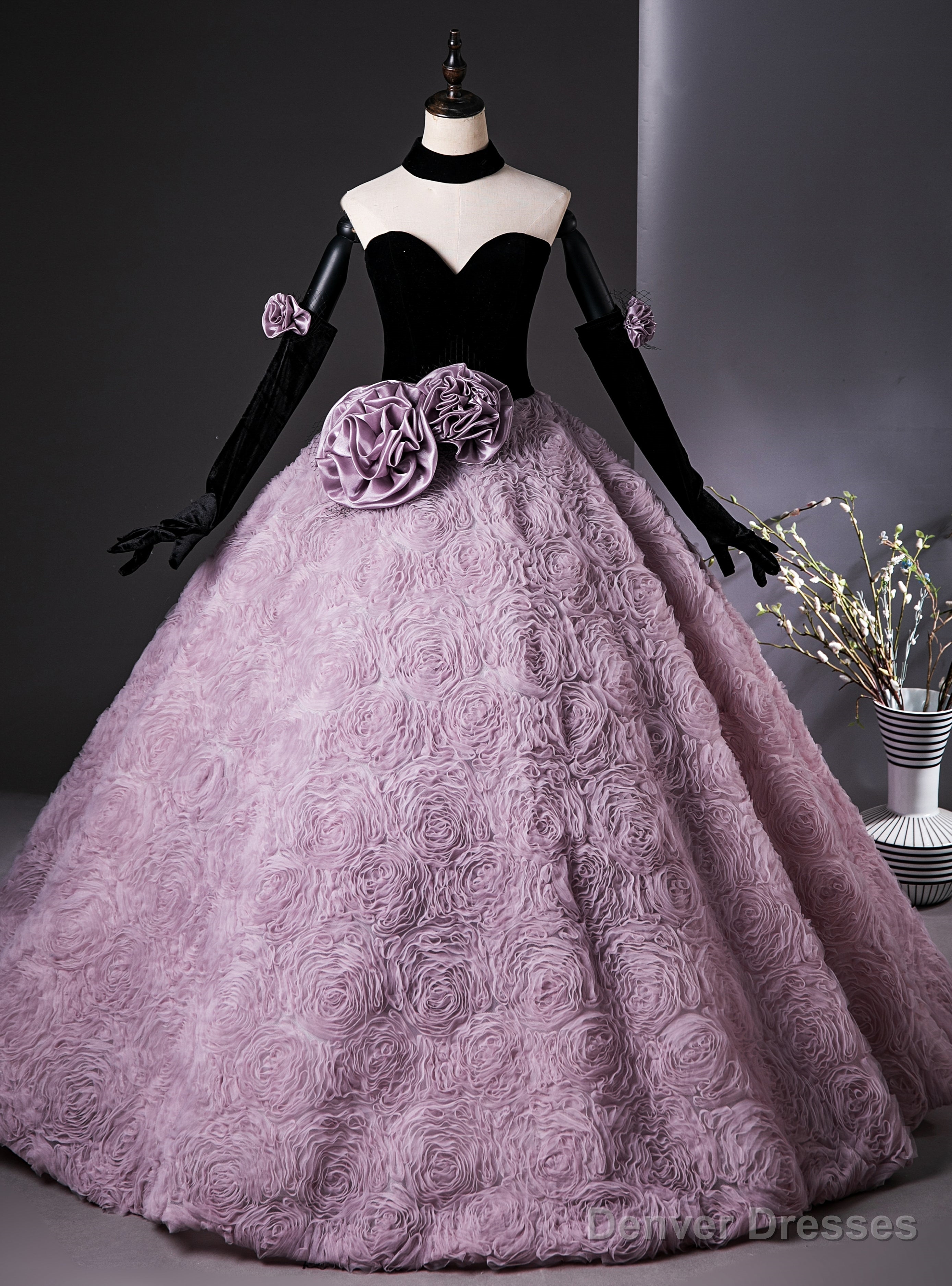 Purple Tulle Flower Black Velvet Quinceanera Dress Main image