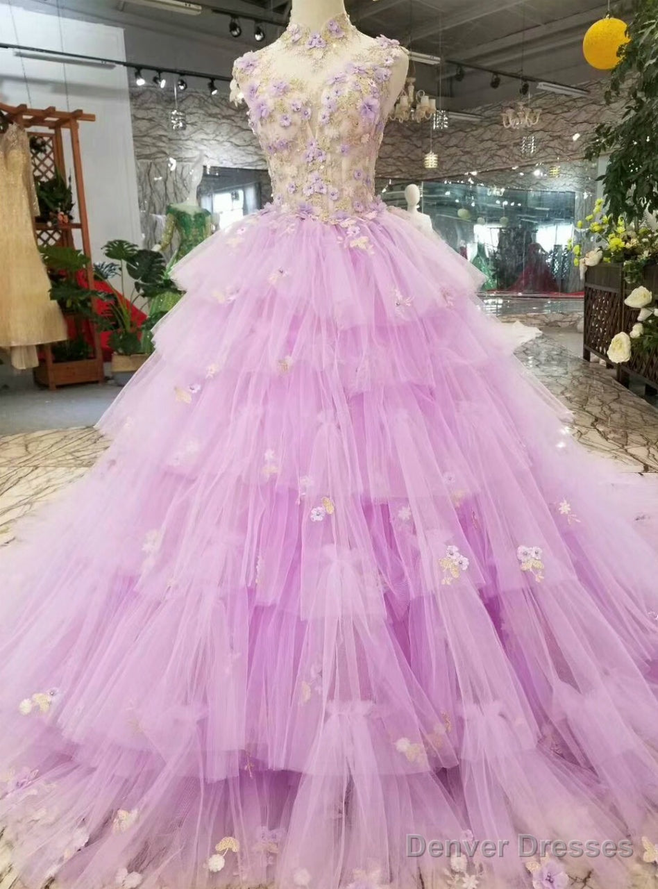 Purple Tulle High Neck Corset Backless Appliqeus Wedding Dress With Long Train Main image