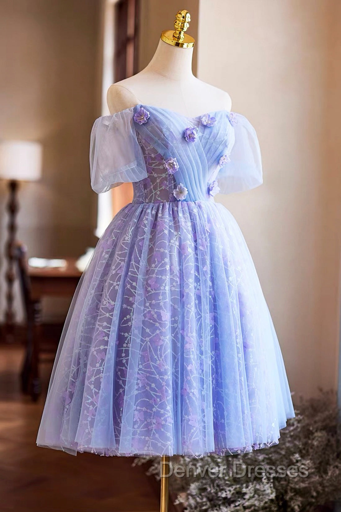 Purple Tulle Knee Length Prom Dress, Lovely Off The Shoulder Party Dress Secondary image