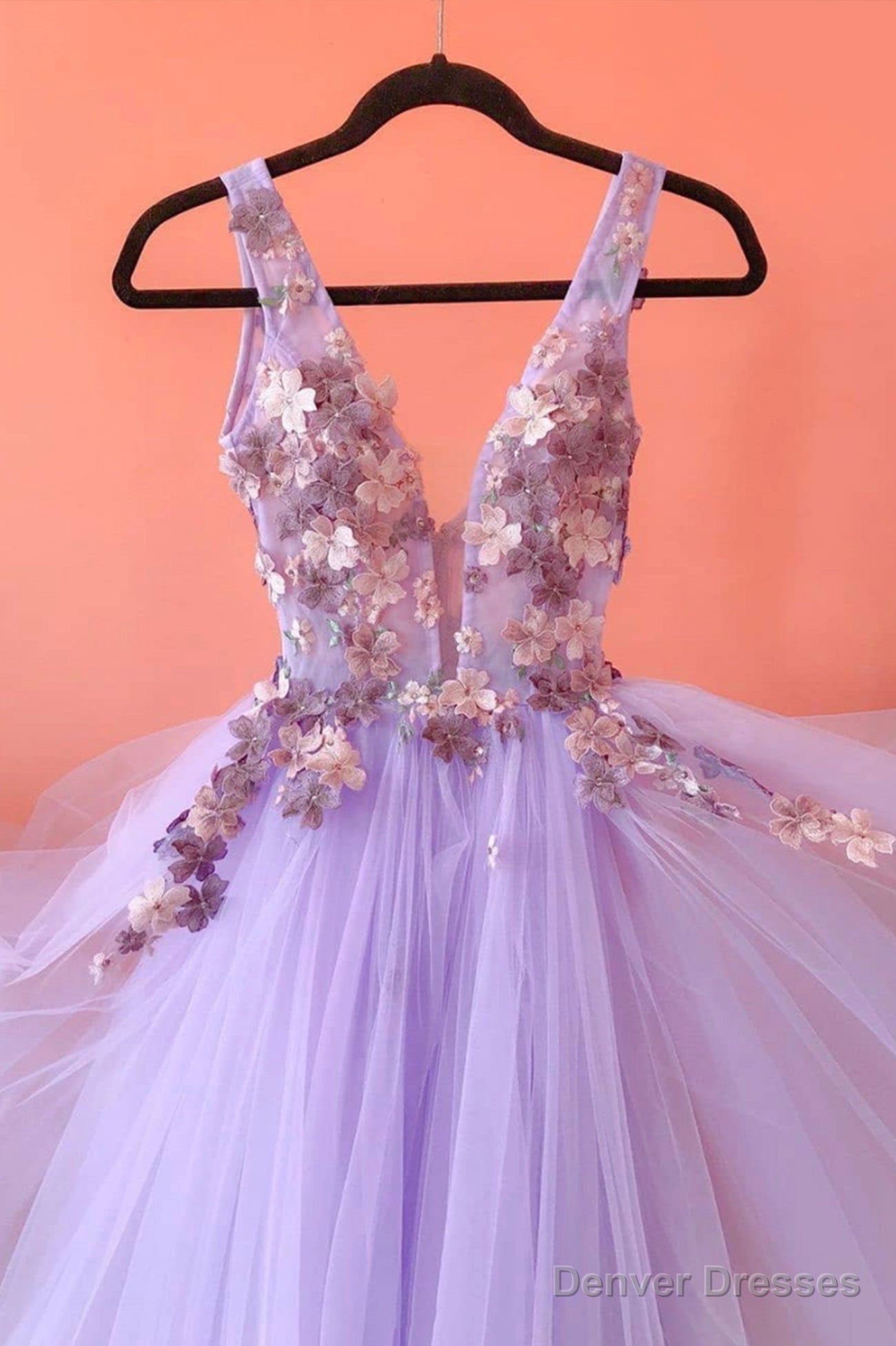 Purple Tulle Lace Long A-Line Prom Dress, V-Neck Evening Party Dress Main image