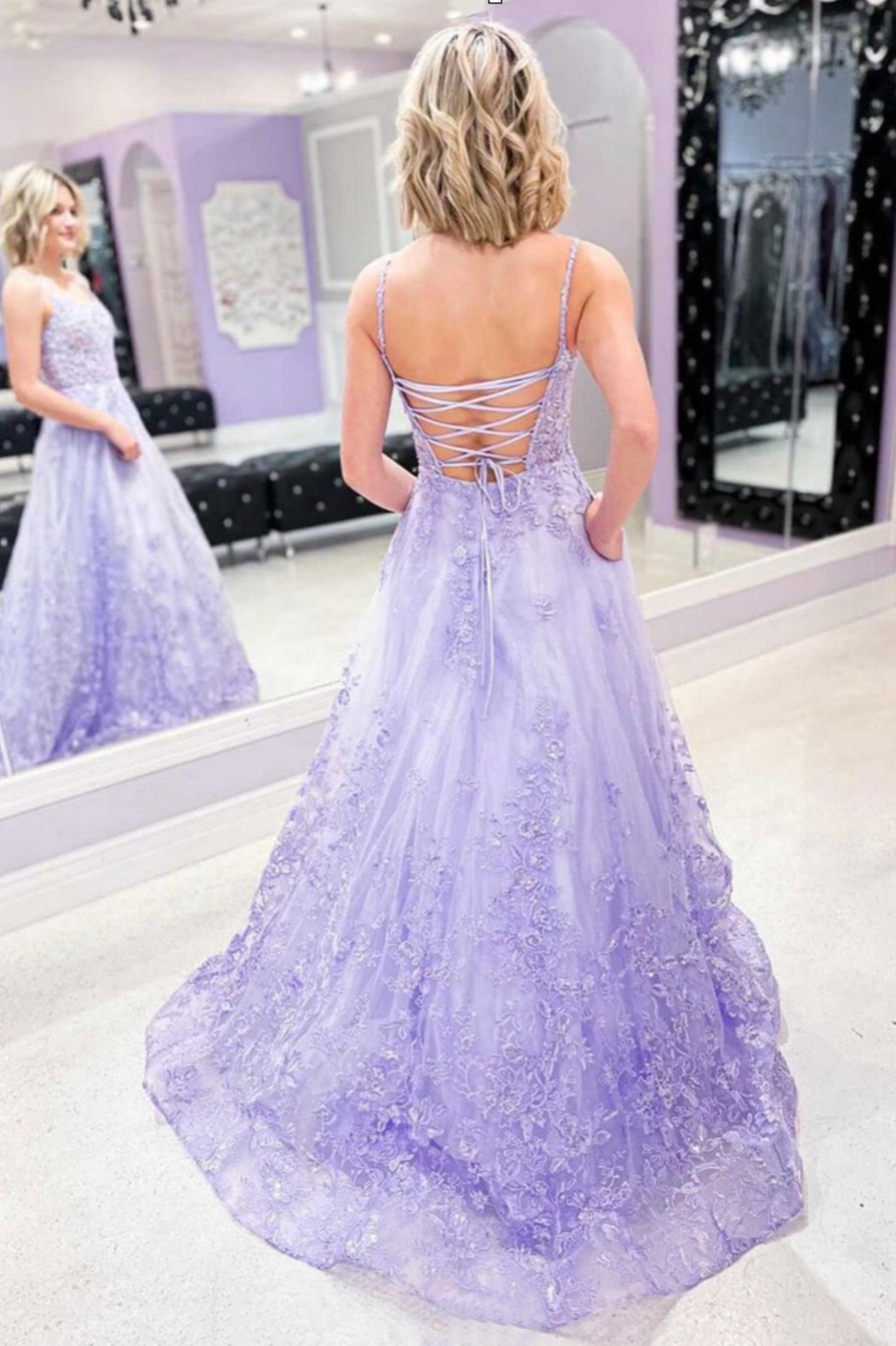 Purple Tulle Lace Long Prom Dress, A-Line Purple Graduation Evening Dress