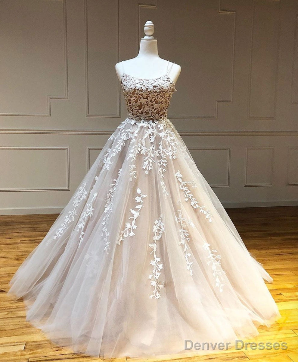 Purple Tulle Lace Long Prom Gown, Lace Tulle Purple Graduation Dresses